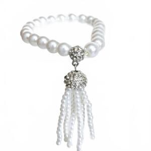 White Beaded Pave Tassel Stacking Stretch Bracelet